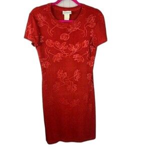 Mirrors Size Medium Womens Dress Form Fitting Soft Knit Red Floral Short Sleeve
